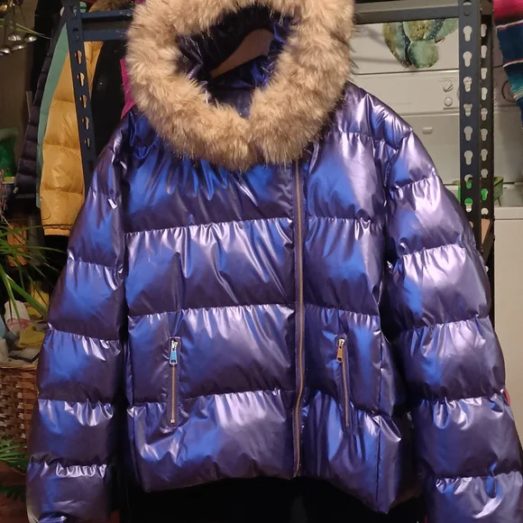 Shiny Purple Puffer Jacket with Fur Hood - Picture 3 of 8